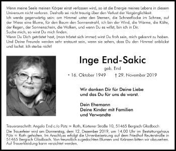 Anzeige von Inge End-Sakic von  Bergisches Handelsblatt 