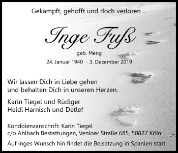 Anzeige von Inge Fuß von Kölner Stadt-Anzeiger / Kölnische Rundschau / Express