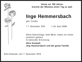 Anzeige von Inge Hemmersbach von Kölner Stadt-Anzeiger / Kölnische Rundschau / Express