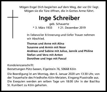 Anzeige von Inge Schreiber von Kölner Stadt-Anzeiger / Kölnische Rundschau / Express