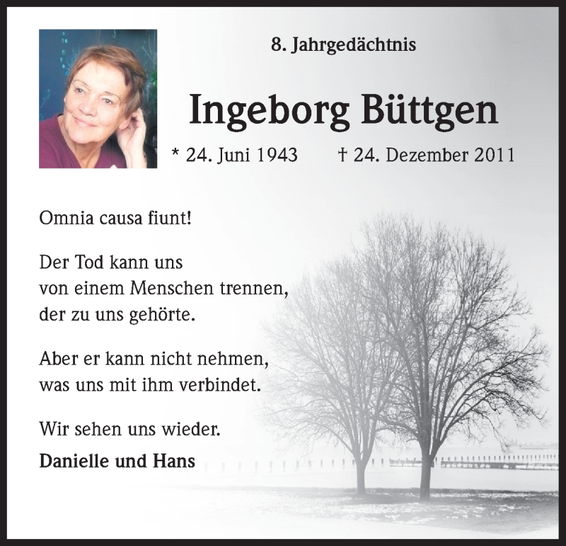  Traueranzeige für Ingeborg Büttgen vom 24.12.2019 aus Kölner Stadt-Anzeiger / Kölnische Rundschau / Express