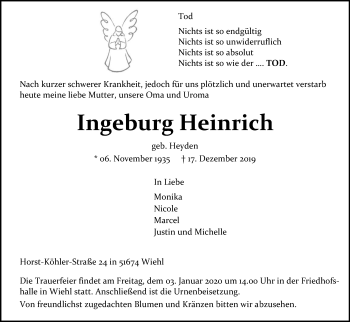 Anzeige von Ingeburg Heinrich von Kölner Stadt-Anzeiger / Kölnische Rundschau / Express
