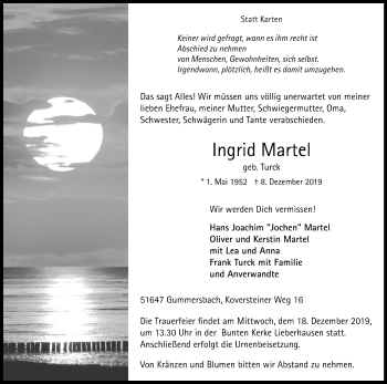 Anzeige von Ingrid Martel von Kölner Stadt-Anzeiger / Kölnische Rundschau / Express