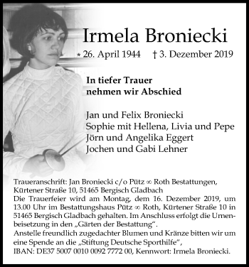 Anzeige von Irmela Broniecki von Kölner Stadt-Anzeiger / Kölnische Rundschau / Express