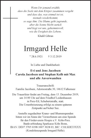 Anzeige von Irmgard Helle von  Kölner Wochenspiegel 