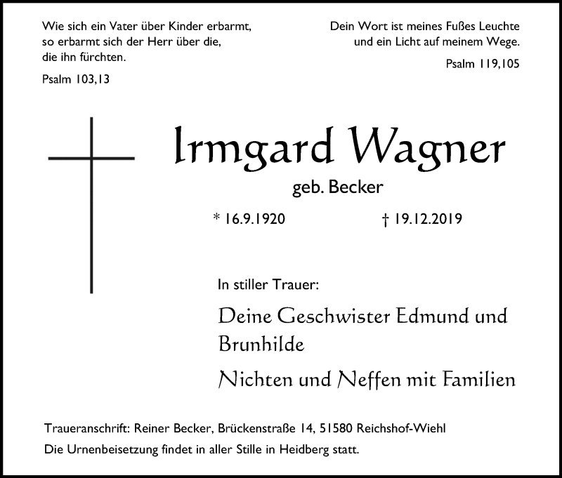  Traueranzeige für Irmgard Wagner vom 28.12.2019 aus Kölner Stadt-Anzeiger / Kölnische Rundschau / Express