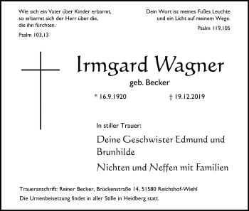 Anzeige von Irmgard Wagner von Kölner Stadt-Anzeiger / Kölnische Rundschau / Express