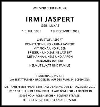 Anzeige von Irmi Jaspert von Kölner Stadt-Anzeiger / Kölnische Rundschau / Express