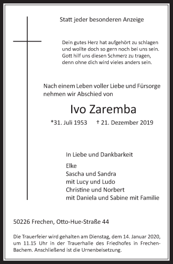 Anzeige von Ivo Zaremba von  Wochenende 