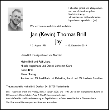 Anzeige von Jan Thomas Brill von  Anzeigen Echo 