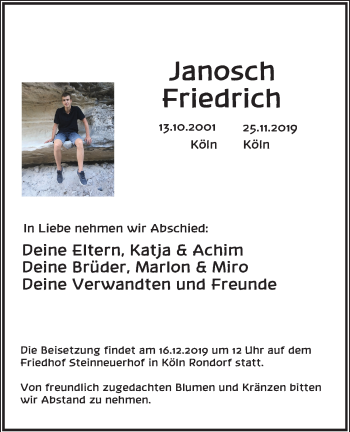Anzeige von Janosch Friedrich von Kölner Stadt-Anzeiger / Kölnische Rundschau / Express