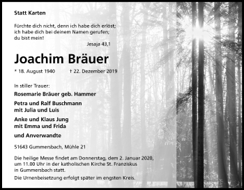 Anzeige von Joachim Bräuer von Kölner Stadt-Anzeiger / Kölnische Rundschau / Express