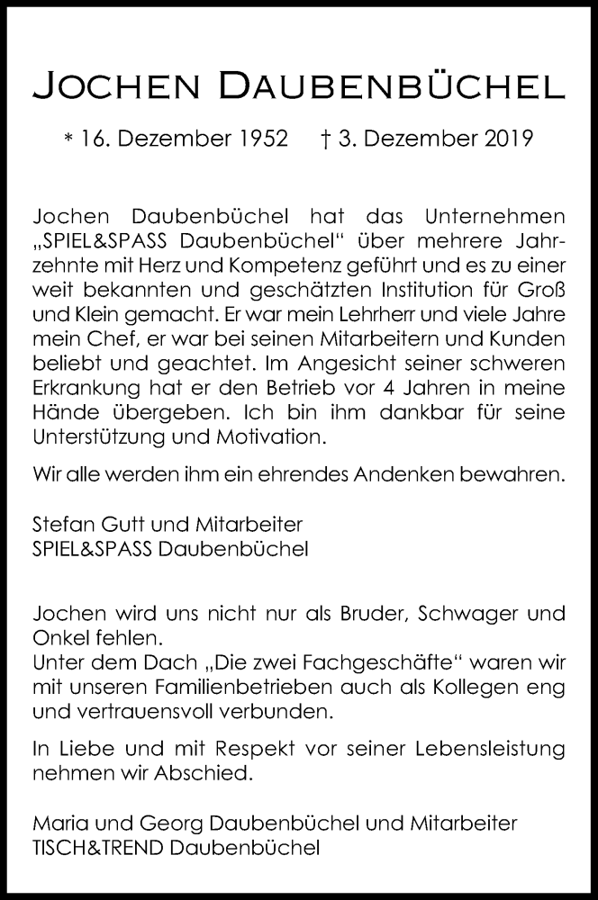  Traueranzeige für Jochen Daubenbüchel vom 14.12.2019 aus Kölner Stadt-Anzeiger / Kölnische Rundschau / Express