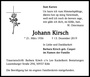 Anzeige von Johann Kirsch von Kölner Stadt-Anzeiger / Kölnische Rundschau / Express