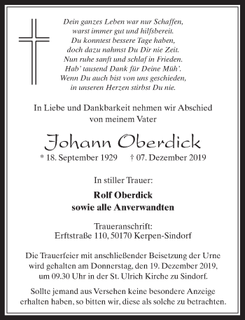 Anzeige von Johann Oberdick von  Werbepost 
