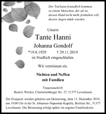 Anzeige von Johanna Gondolf von Kölner Stadt-Anzeiger / Kölnische Rundschau / Express