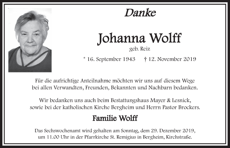  Traueranzeige für Johanna Wolff vom 21.12.2019 aus  Sonntags-Post 