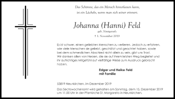 Anzeige von Johanna Hanni Feld von Kölner Stadt-Anzeiger / Kölnische Rundschau / Express