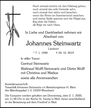 Anzeige von Johannes Steinwartz von Kölner Stadt-Anzeiger / Kölnische Rundschau / Express