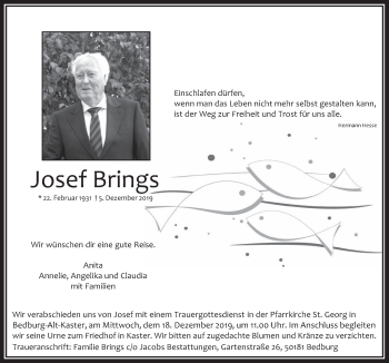 Anzeige von Josef Brings von  Werbepost 