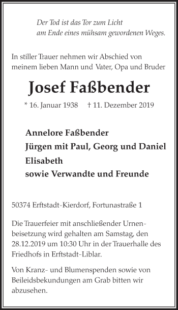 Anzeige von Josef Faßbender von  Sonntags-Post 