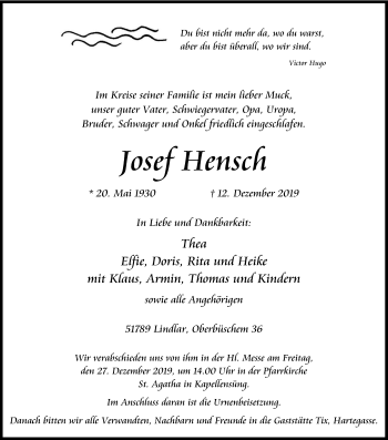 Anzeige von Josef Hensch von Kölner Stadt-Anzeiger / Kölnische Rundschau / Express