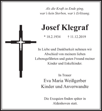 Anzeige von Josef Klegraf von  Schlossbote/Werbekurier 