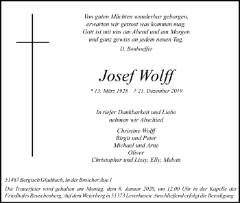 Anzeige von Josef Wolff von Kölner Stadt-Anzeiger / Kölnische Rundschau / Express