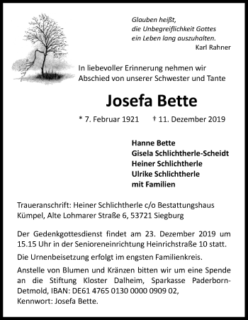 Anzeige von Josefa Bette von Kölner Stadt-Anzeiger / Kölnische Rundschau / Express