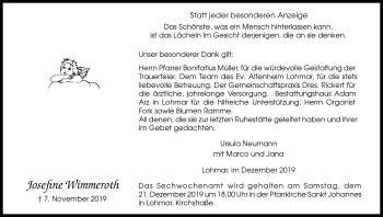 Anzeige von Josefine Wimmeroth von Kölner Stadt-Anzeiger / Kölnische Rundschau / Express