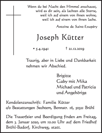 Anzeige von Joseph Kütter von  Schlossbote/Werbekurier 