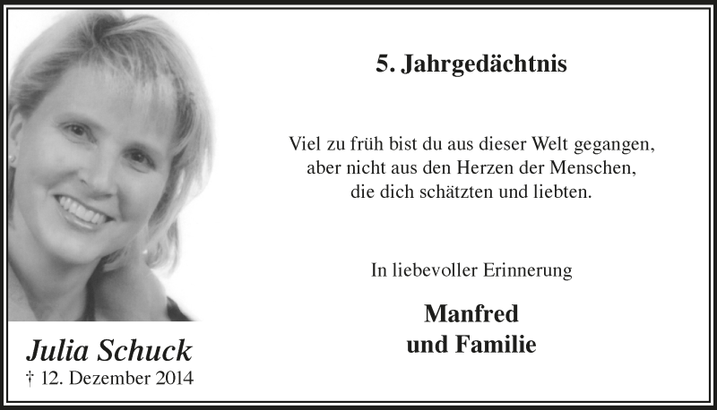  Traueranzeige für Julia Schuck vom 18.07.2023 aus  Bergisches Handelsblatt 