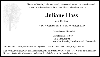 Anzeige von Juliane Hoss von  Kölner Wochenspiegel 