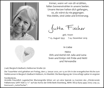 Anzeige von Jutta Fischer von Kölner Stadt-Anzeiger / Kölnische Rundschau / Express