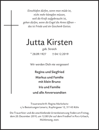 Anzeige von Jutta Kirsten von  Kölner Wochenspiegel 