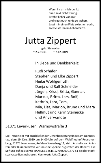 Anzeige von Jutta Zippert von Kölner Stadt-Anzeiger / Kölnische Rundschau / Express