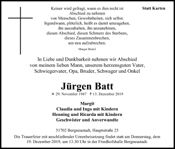 Anzeige von Jürgen Batt von Kölner Stadt-Anzeiger / Kölnische Rundschau / Express