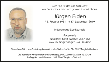 Anzeige von Jürgen Eiden von  Bergisches Handelsblatt 
