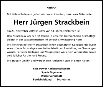 Anzeige von Jürgen Strackbein von Kölner Stadt-Anzeiger / Kölnische Rundschau / Express