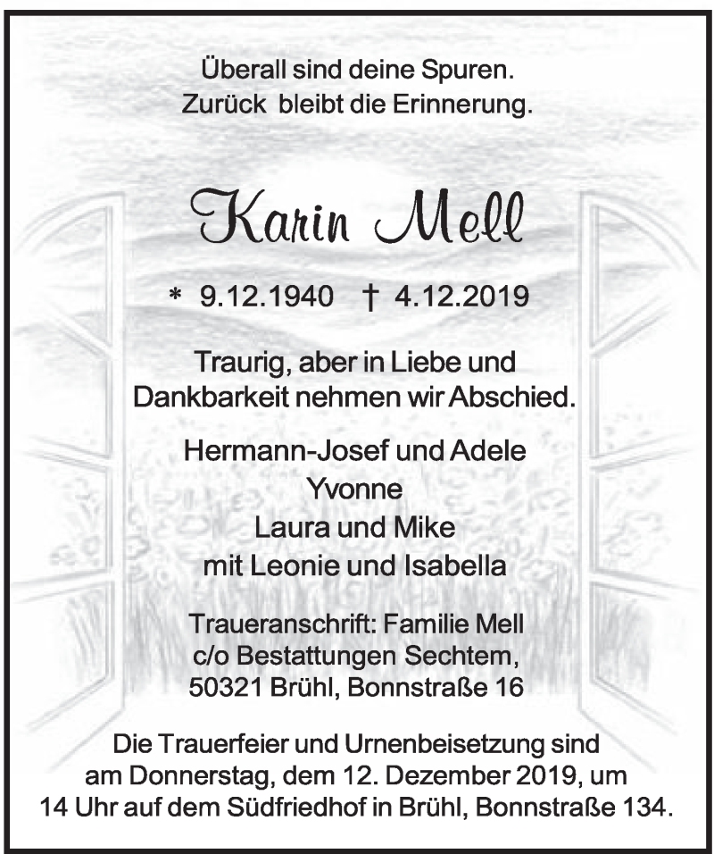 Traueranzeige für Karin Mell vom 11.12.2019 aus  Schlossbote/Werbekurier 