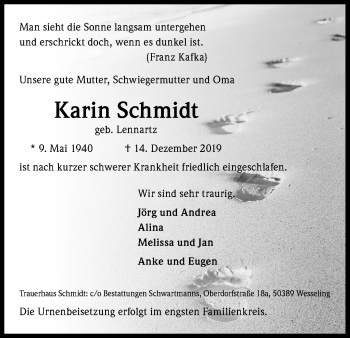Anzeige von Karin Schmidt von Kölner Stadt-Anzeiger / Kölnische Rundschau / Express