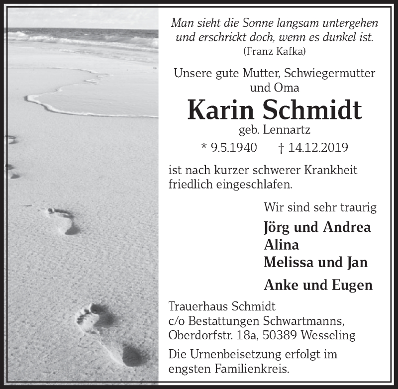  Traueranzeige für Karin Schmidt vom 18.12.2019 aus  Schlossbote/Werbekurier 