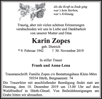 Anzeige von Karin Zopes von  Sonntags-Post 