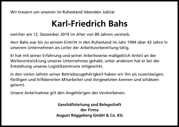 Anzeige von Karl-Friedrich Bahs von Kölner Stadt-Anzeiger / Kölnische Rundschau / Express