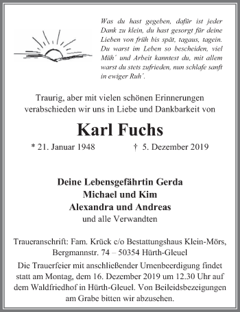 Anzeige von Karl Fuchs von  Wochenende 