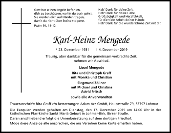Anzeige von Karl-Heinz Mengede von Kölner Stadt-Anzeiger / Kölnische Rundschau / Express