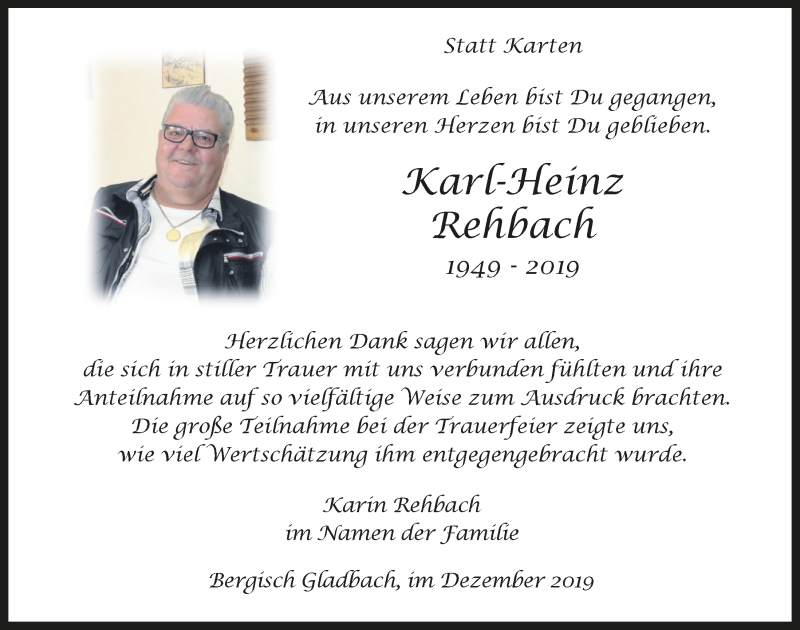  Traueranzeige für Karl-Heinz Rehbach vom 18.12.2019 aus  Bergisches Handelsblatt 