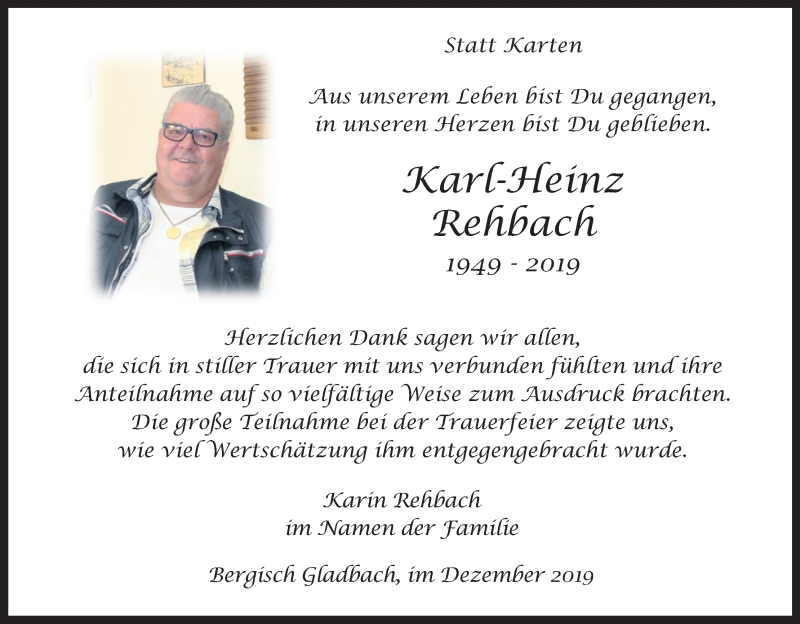  Traueranzeige für Karl-Heinz Rehbach vom 14.12.2019 aus Kölner Stadt-Anzeiger / Kölnische Rundschau / Express