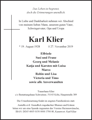 Anzeige von Karl Klier von  Kölner Wochenspiegel 