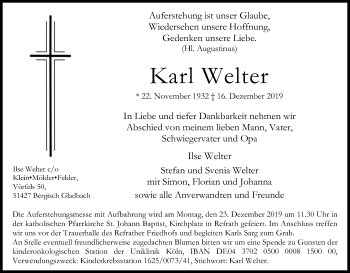 Anzeige von Karl Welter von Kölner Stadt-Anzeiger / Kölnische Rundschau / Express